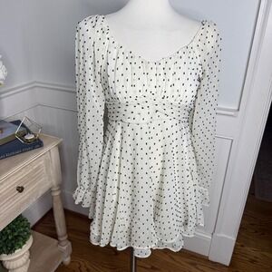 Thirty Thirty LA White Swiss Dot Mini Dress Long Sleeve Ruffle Hem Medium